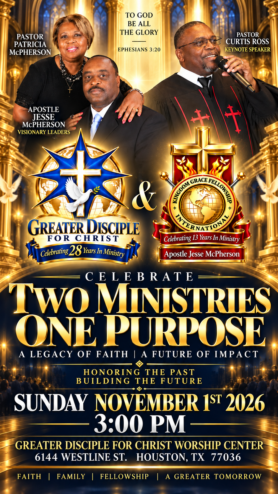 Official anniversary flyer featuring Apostle Jesse McPherson, Pastor Patricia McPherson, Pastor Curtis Ross, and the two ministry anniversary emblems.